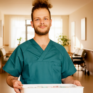 Ein junger Mann in einem grünen Pflegeanzug lächelt, während er ein Tablett mit verschiedenen Objekten hält. Der Hintergrund zeigt einen hellen Flur mit Stühlen und Pflanzen, was auf eine Pflegeeinrichtung hindeutet.