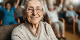 Eine ältere Frau mit grauen Haaren und einer Brille lächelt freundlich. Hinter ihr sitzt eine Gruppe von Senioren, die ihre Arme heben und Freude zeigen. Die Aufnahme vermittelt ein Gefühl von Gemeinschaft und positiver Stimmung in einer Umgebung für ältere Menschen.