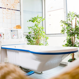 Ein modernes Badezimmer mit einer freistehenden Badewanne und Pflanzen. Die Wanne hat eine blaue Kante und ist mit einem Wasserhahn ausgestattet. Große Fenster lassen viel Tageslicht herein und sorgen für eine helle, freundliche Atmosphäre.