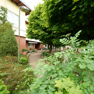 Eine grüne Landschaf mit Bäumen und Sträuchern, die einen Weg zu einem Gebäude führt. Der Weg ist von Pflanzen gesäumt, und das Gebäude im Hintergrund hat Fenster und eine Eingangsbereich.