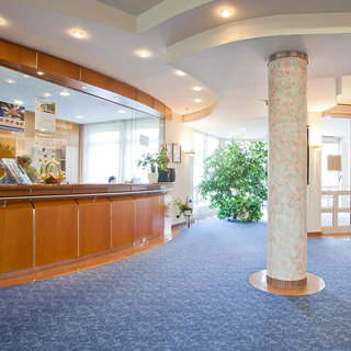 Ein Empfangsbereich mit einer geschwungenen Empfangstheke aus Holz steht im Vordergrund. Auf der rechten Seite gibt es eine große Pflanze und einen Säulen-Pfeiler. Der Boden ist mit blauen Teppich ausgelegt, der Raum wirkt lichtdurchflutet und freundlich.