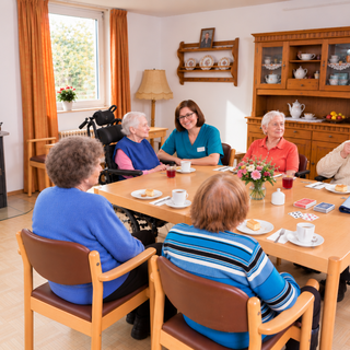 Eine Gruppe älterer Frauen sitzt an einem Tisch in einem gemütlichen Raum. Sie trinken Kaffee und essen Kuchen. Eine Frau in blauer Bluse, die als Betreuerin wirkt, spricht mit den anderen. Im Hintergrund steht ein Holzofen und ein Regal mit Geschirr.