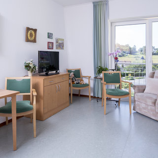 Das Bild zeigt ein helles Zimmer mit einem Fenster, das Ausblick auf eine grüne Landschaft bietet. Im Raum stehen ein Tisch mit Stühlen, ein Fernseher, eine gemütliche Stereosessel und ein Bett. Einige Pflanzen und Bilder sorgen für eine einladende Atmosphäre.