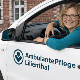 Eine freundliche Frau mit Brille sitzt in einem Auto und lächelt. Das Fahrzeug trägt das Logo und den Namen "AmbulantePflege Lilienthal" auf der Seite. Im Hintergrund sind Fenster eines Gebäudes sichtbar.