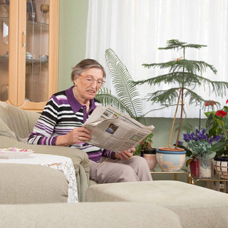 Eine ältere Frau sitzt auf einem Sofa und liest eine Zeitung. Sie trägt einen gestreiften Pullover und scheint aufmerksam zu sein. Im Hintergrund sind Zimmerpflanzen und Fenster mit Vorhängen sichtbar, die eine helle, einladende Atmosphäre schaffen.
