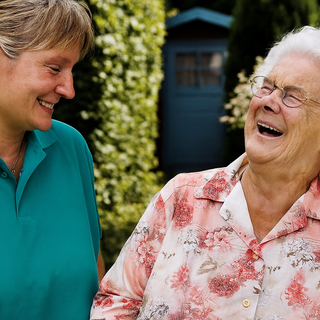 Zwei Frauen stehen im Freien, lächeln und lachen miteinander. Die eine trägt ein grünes Polohemd, die andere ein blütenförmiges Hemd. Im Hintergrund sind gepflegte Pflanzen zu sehen, die eine freundliche Atmosphäre schaffen. Die Szene vermittelt Wärme und Freude in der Interaktion.