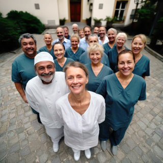Eine Gruppe von 18 lächelnden Menschen in medizinischer Kleidung steht auf einem gepflasterten Platz. Im Vordergrund sind zwei Personen in hellen Outfits sichtbar, während die anderen in grauen Uniformen gekleidet sind. Die Atmosphäre wirkt freundlich und einladend.