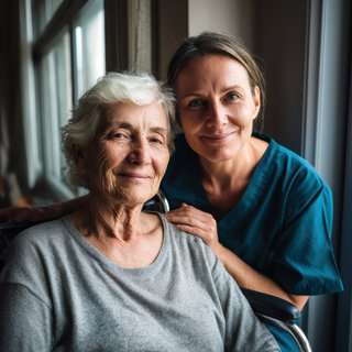 Ein lächelnder, älterer Mensch mit grauen Haaren sitzt in einem Rollstuhl. Neben ihr steht eine Pflegerin in einem grünen Oberteil, die freundlich lächelt und eine Hand sanft auf die Schulter der älteren Dame legt. Im Hintergrund ist ein großes Fenster, das Tageslicht in den Raum lässt.