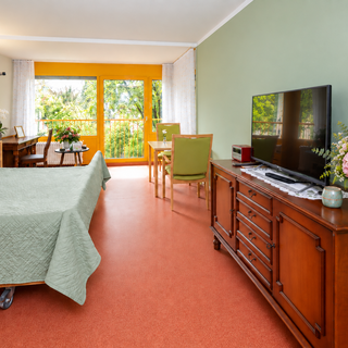Ein helles Zimmer mit einem Bett, einem Fernseher auf einer Holzkommode, einem Essbereich mit Stühlen und einem Tisch sowie großen Fenstern, die auf einen Balkon mit Pflanzenblick führen. Die Wände sind grün gestrichen und der Boden ist rot.