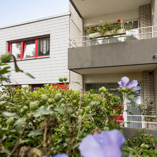 Ein mehrstöckiges Gebäude mit einem Balkon, auf dem Pflanzen stehen. Im Vordergrund sind grüne Büsche und blühende Blumen sichtbar. Die Fassade ist hell, mit roten Fensterrahmen.