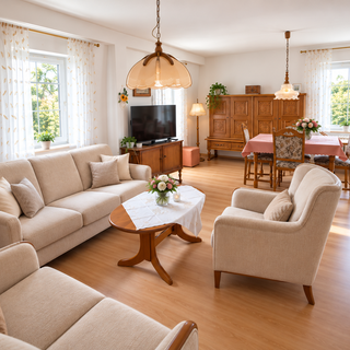 Heller, einladender Wohnraum mit beigen Sofas und einem Holztisch in der Mitte. Ein Fernseher steht auf einem Schrank, während ein Esstisch mit Stühlen auf der anderen Seite des Raumes platziert ist. Große Fenster sorgen für viel Tageslicht.