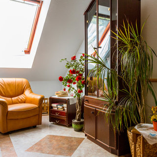 Ein gemütlicher Wohnraum mit einem braunen Sessel, einer Vitrine und mehreren Pflanzen. Über ein Fenster strömt natürliches Licht herein. Rote Rosen in einer Vase und eine Tischdecke mit einem Pflanzengefäß schaffen eine einladende Atmosphäre.