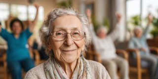 Eine ältere Frau mit grauen Haaren und Brille sitzt lächelnd in einem gemütlichen Raum. Im Hintergrund sind weitere Senioren zu sehen, die ihre Arme heben und fröhlich wirken. Die Szene vermittelt ein Gefühl von Gemeinschaft und Lebensfreude.